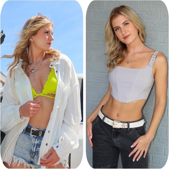 Pack 3 Women's Belts for Jeans Pants Gold Buckle Leather Belts Black Brown White - Picture 4 of 5